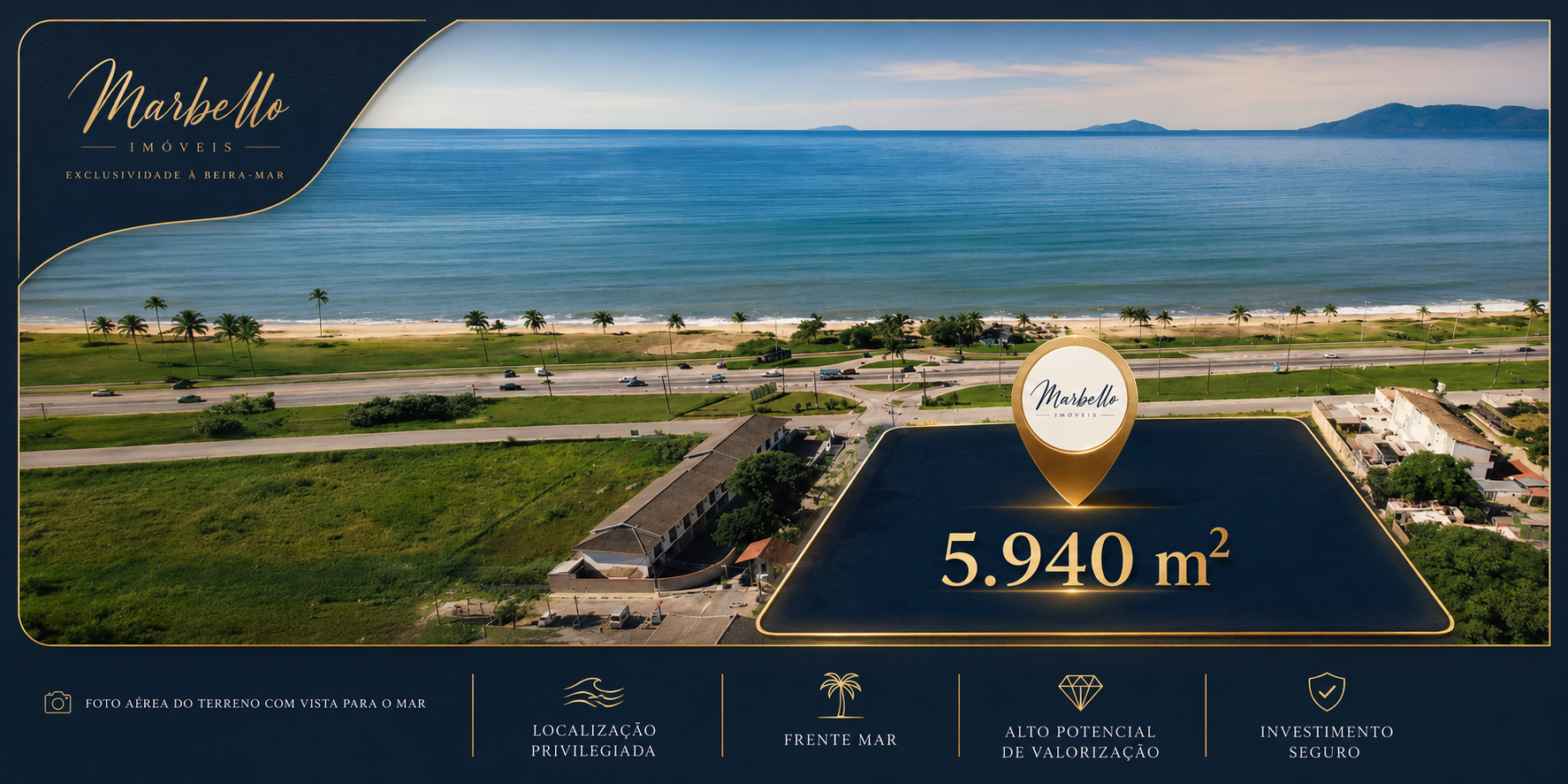 Foto aérea do terreno de 5.940 m² frente mar do Marbello em Massaguaçu