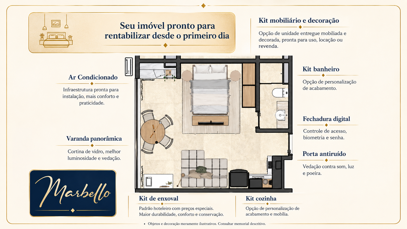 Planta do estúdio Marbello com kit mobiliário, decoração e itens de conforto